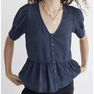 MADEWELL Women's Blue Drapeweave Puff-Sleeve Peplum Top Small NG897 ($82)